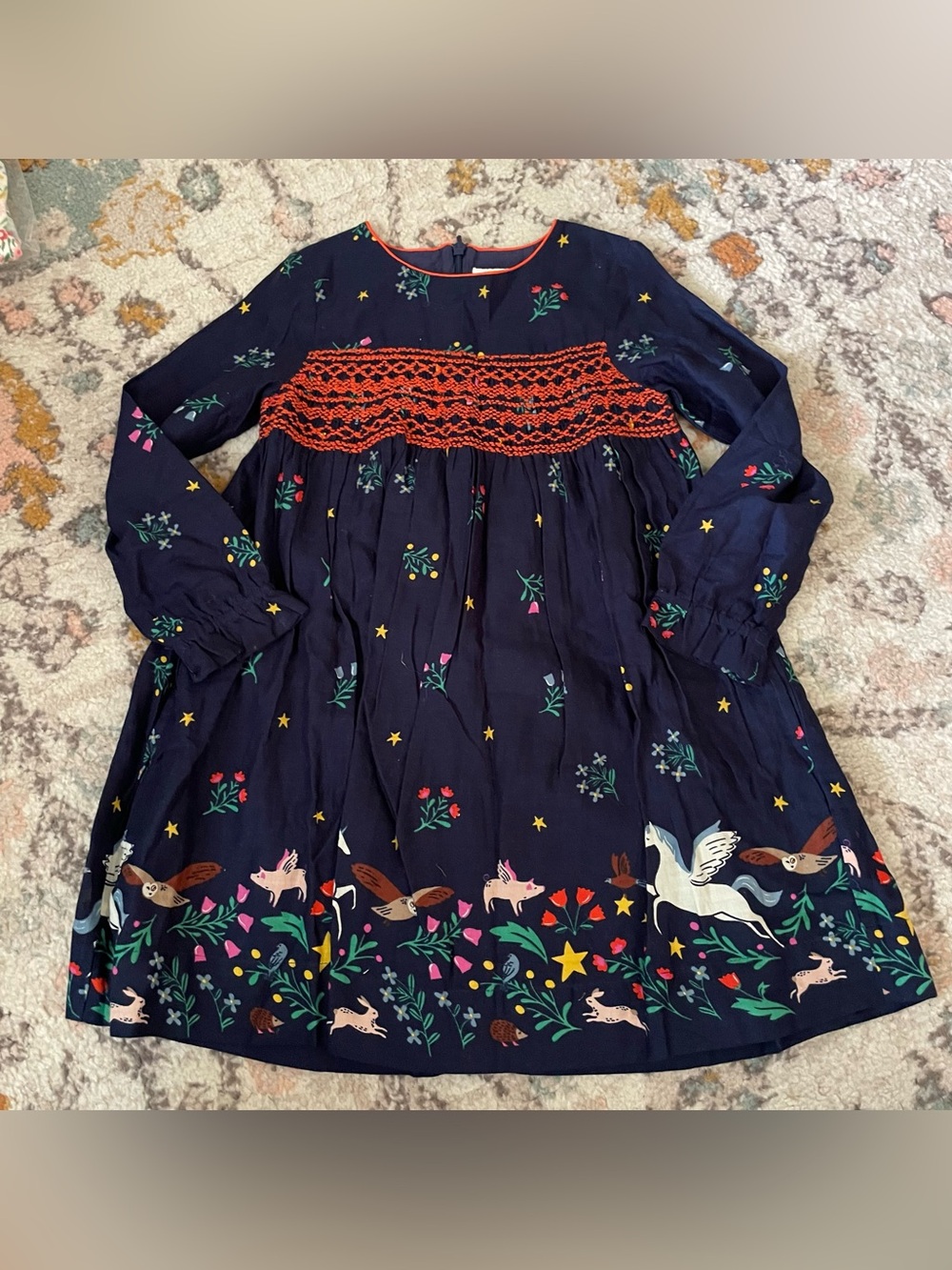 Mini Boden Navy Dress with Orange Smocking and Multicolor Pegasus Print